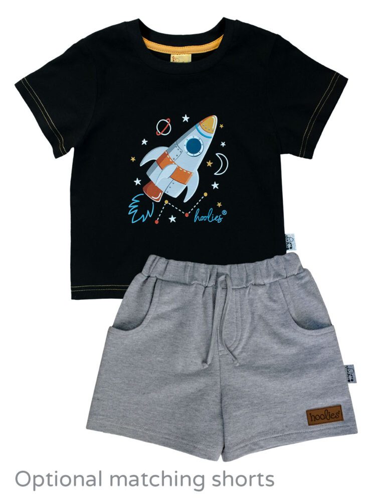 Focal Print Rocket Spaceships Tee for Boys with Matching Melange Shorts