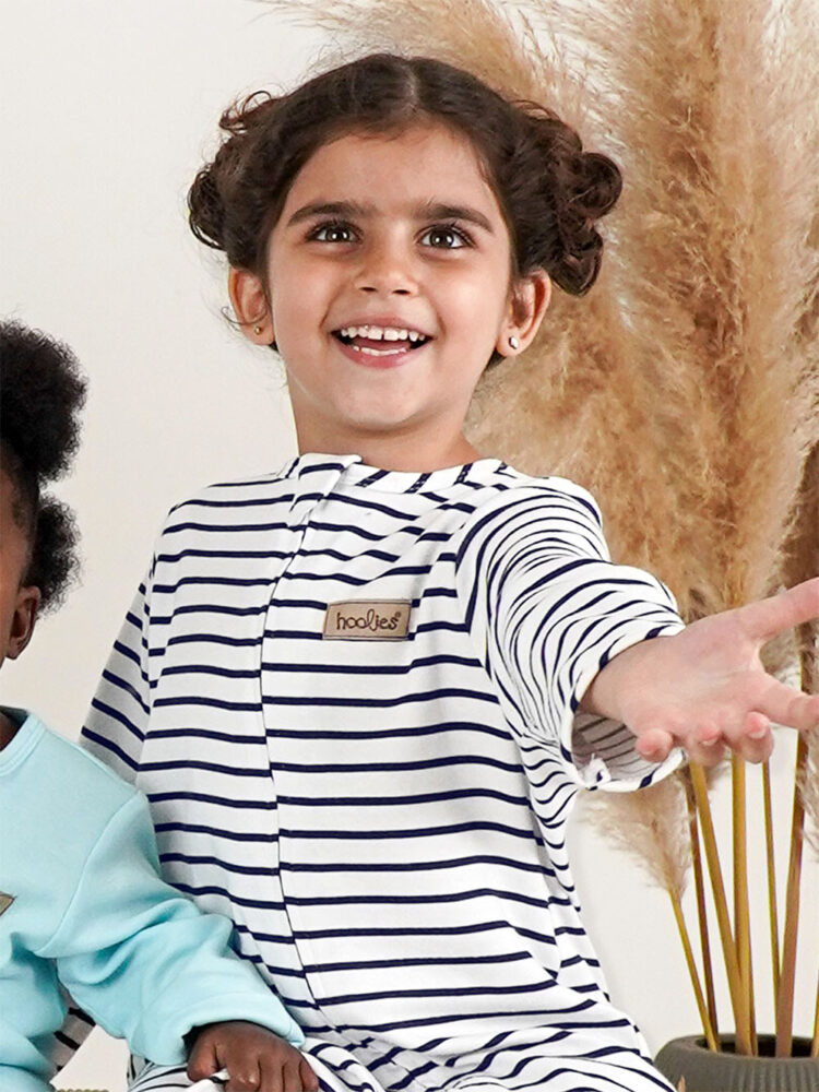 Navy Stripe Interlock Kids and Baby Onesie model