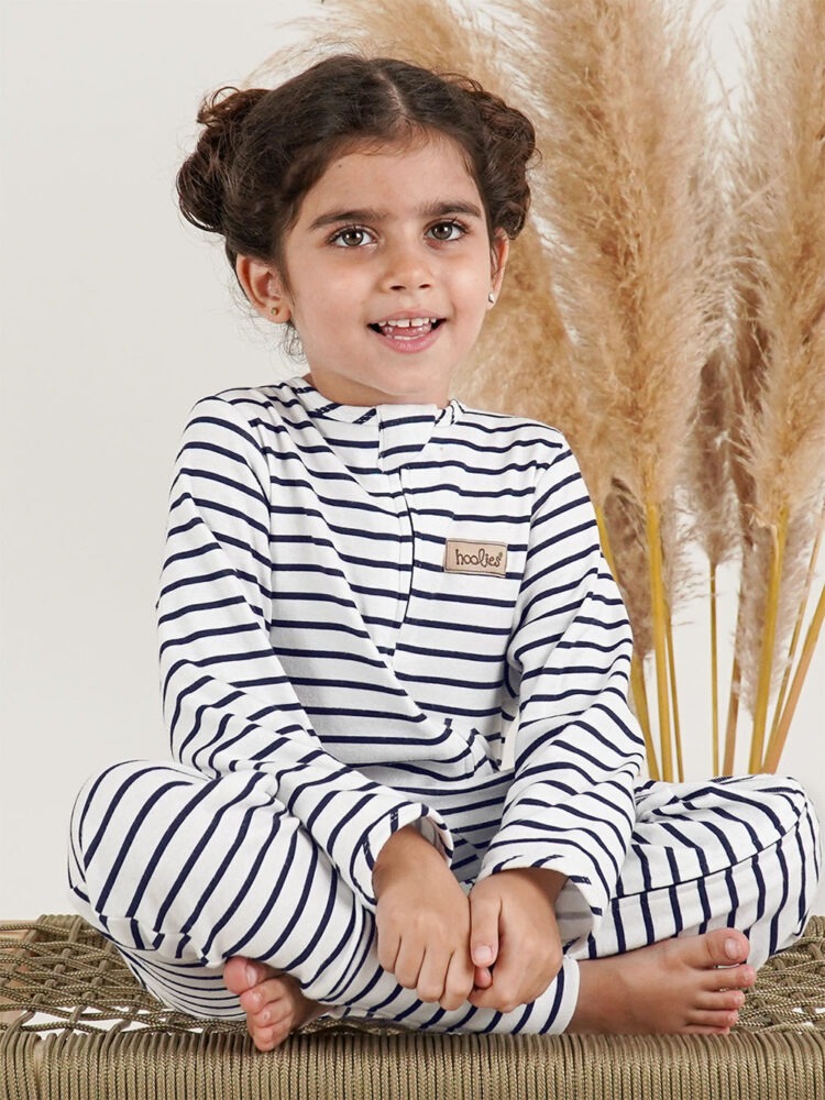 Navy Stripe Interlock Kids and Baby Onesie model2