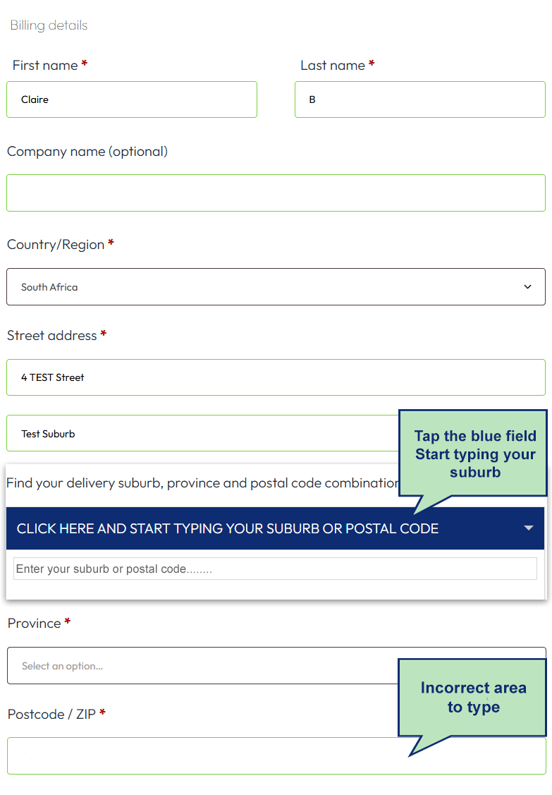 Adding your Suburb on Checkout 1 Postal code