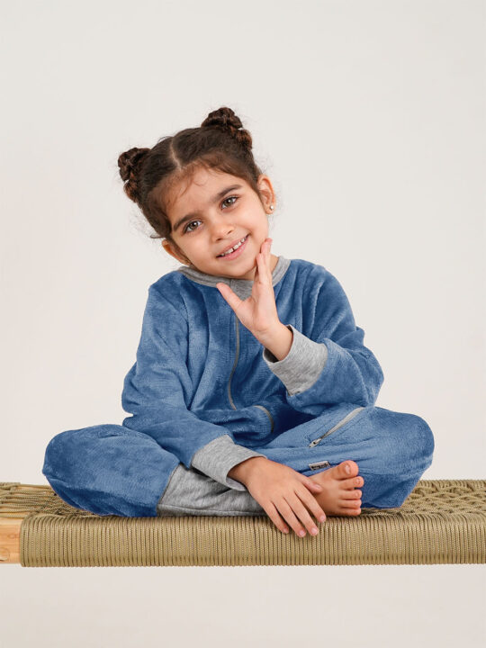 Denim Blue Plush Onesie Grey Melange Cuffs Model 4