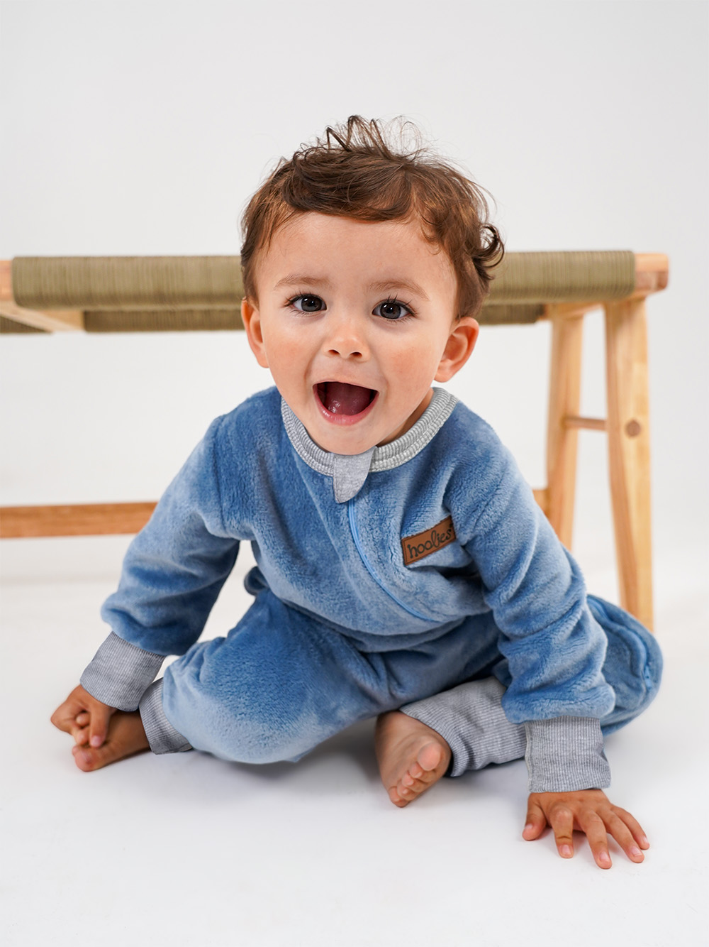 Denim Blue Plush Onesie Grey Melange Cuffs Model